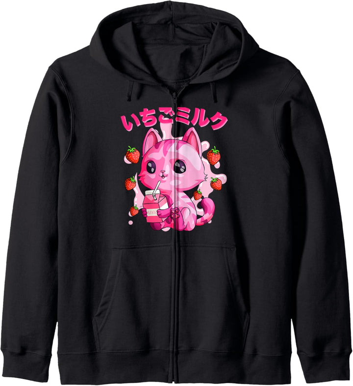 Kawaii Strawberry Milk Cat Japanisches Kitty Chibi Kätzchen Kapuzenjacke