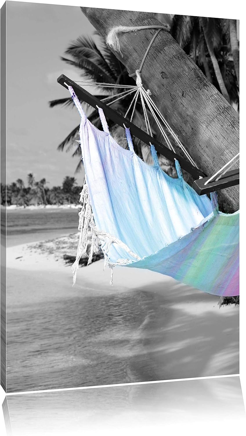 Pixxprint traumhafte Hängematte am Strand, Format: 70x100 auf hochkantiges Leinwand, XXL riesige Bil