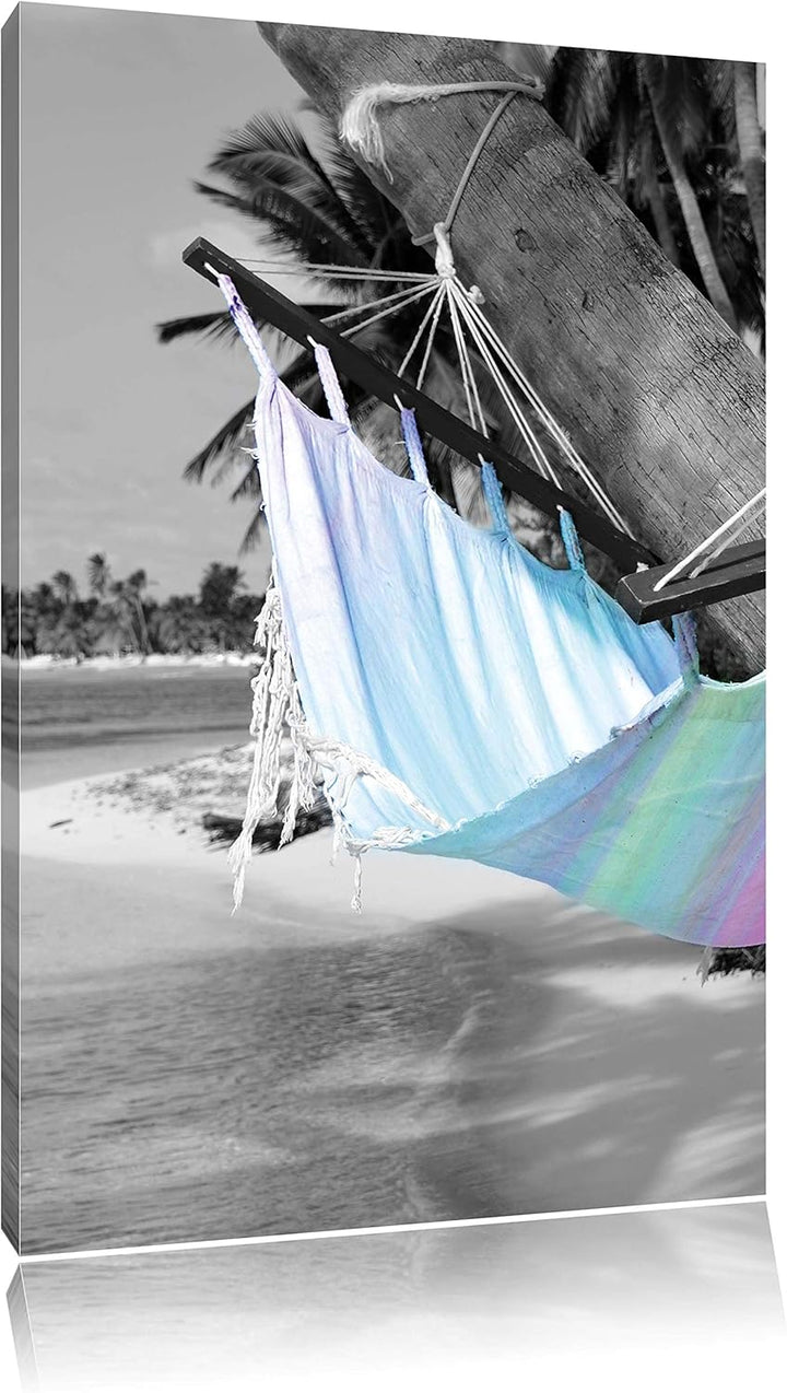 Pixxprint traumhafte Hängematte am Strand, Format: 70x100 auf hochkantiges Leinwand, XXL riesige Bil