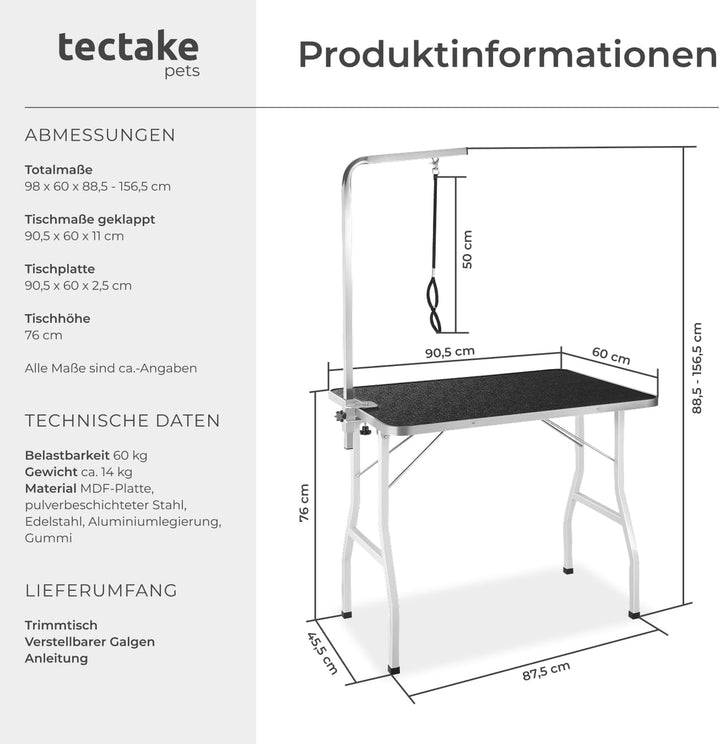 TecTake 800673 Trimmtisch für Hunde/Katzen mit höhenverstellbarem Galgen, Klappbar, mit kratzfester
