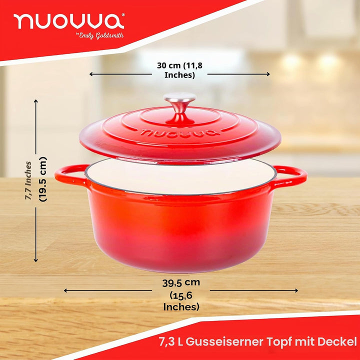 Gusseisen Dutch Oven mit Deckel – Emaille-Topf mit Antihaft, Ofenfest bis 260°C – Rot, 6.9 Liter, 30