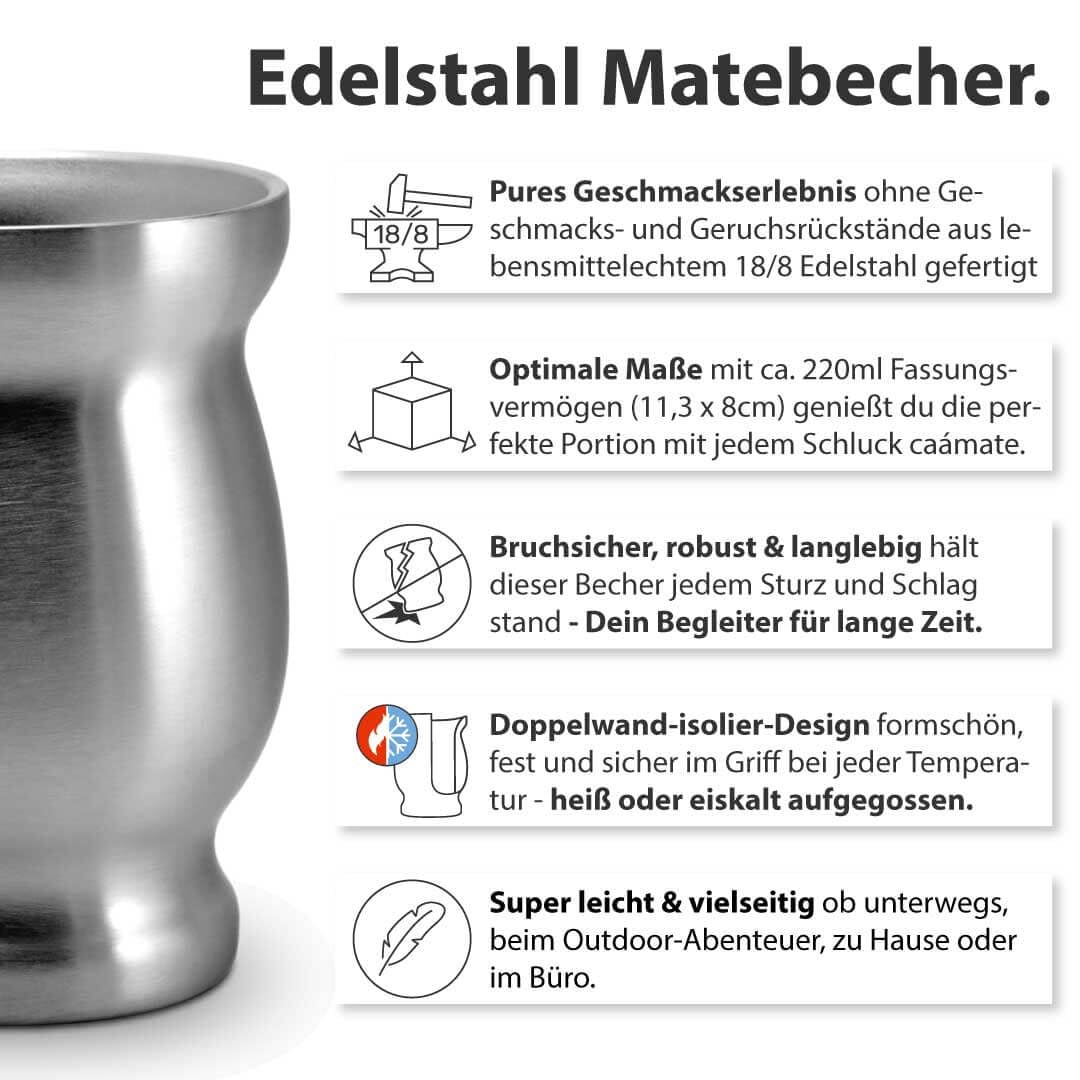 Mate Tee Set Bio ● 3 Matesorten + doppelwandiger Edelstahl Matebecher + Bombilla + Zubereitungsanlei