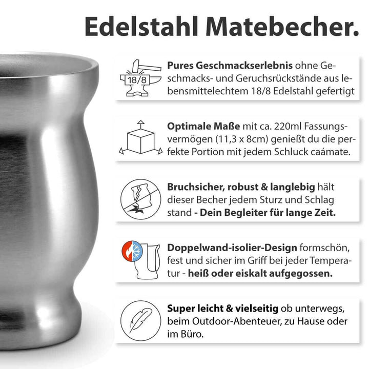 Mate Tee Set Bio ● 3 Matesorten + doppelwandiger Edelstahl Matebecher + Bombilla + Zubereitungsanlei