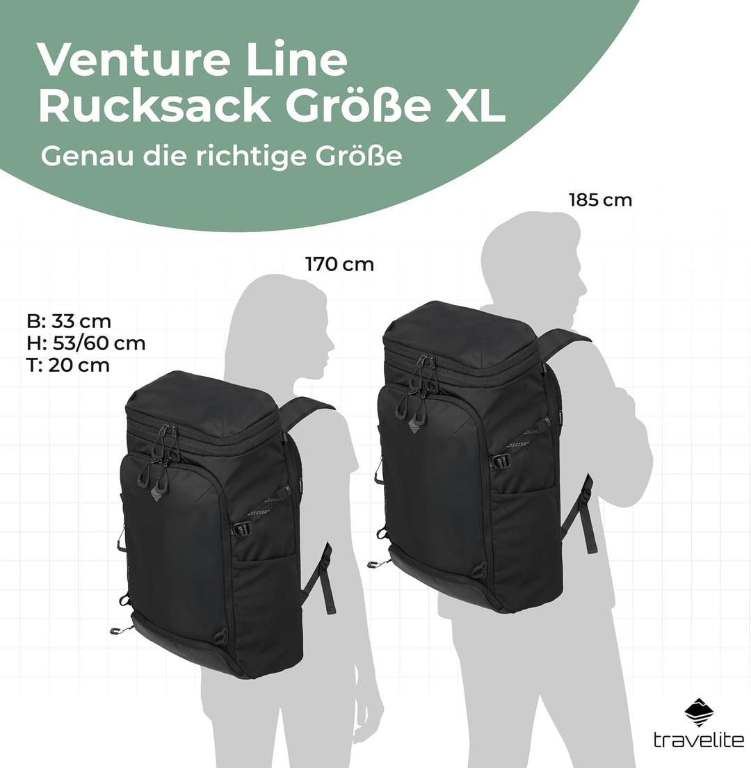 Travelite Rucksack VENTURE LINE XL, 33x53x20 cm, 37 L erweiterbar, robustes Nylon, Laptopfach 15,6 Z