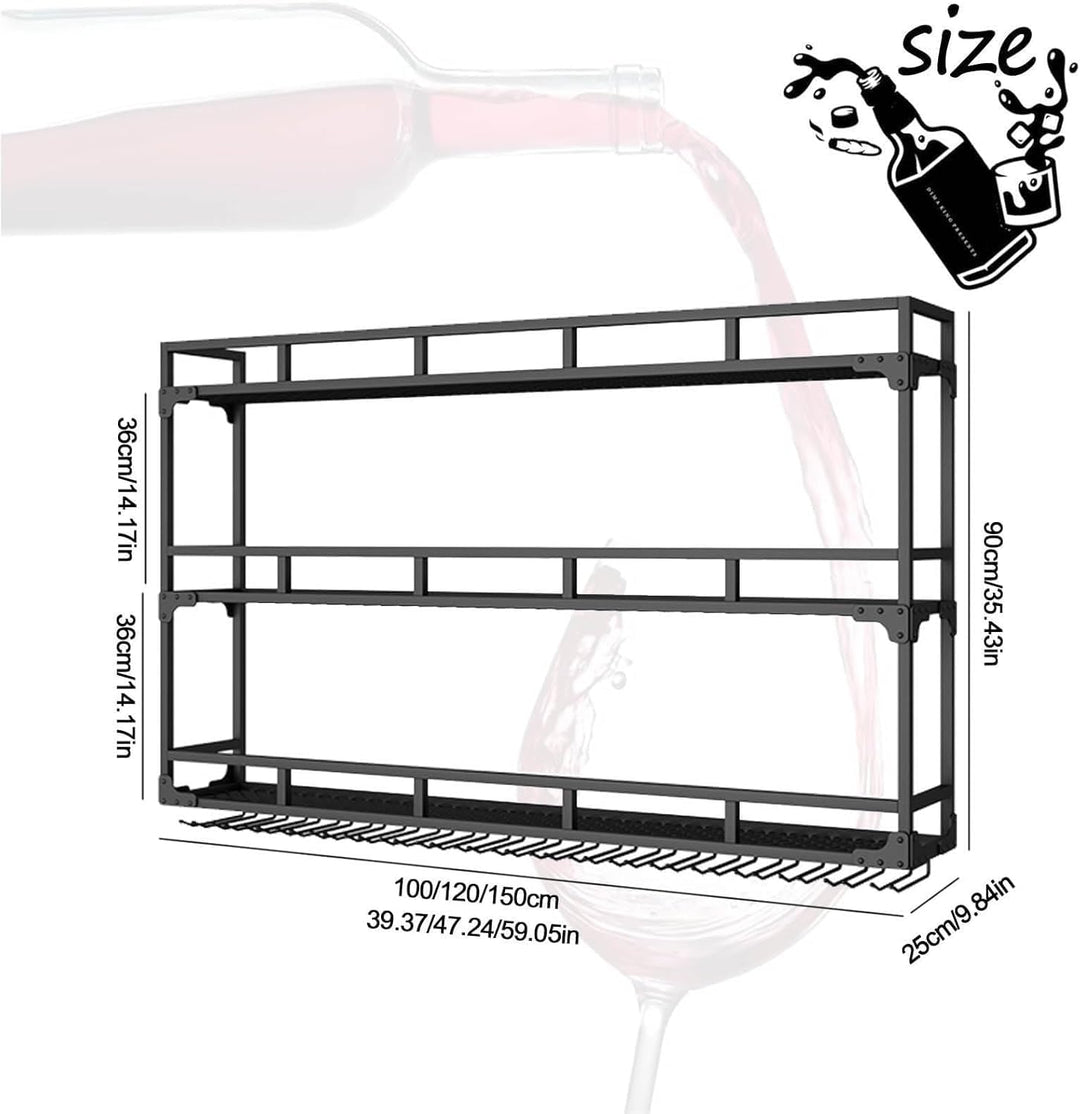 Weinregal Wand mit Glashalter, 3 Ebenen Weinpareite Display Rack, Metall Weinflasche Glashalter Wand