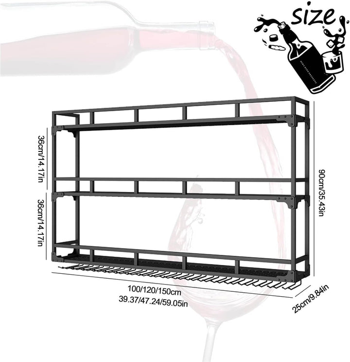Weinregal Wand mit Glashalter, 3 Ebenen Weinpareite Display Rack, Metall Weinflasche Glashalter Wand