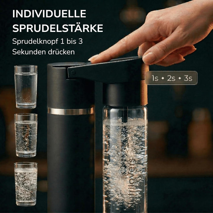 Nutrilovers Wassersprudler 2.0 Edelstahl, Designer Flasche (38 CM hoch), PET-Flasche, BPA-frei, pate