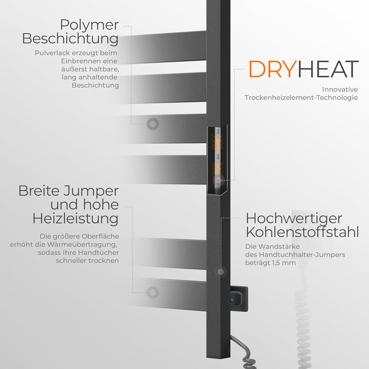 Elektrischer Handtuchhalter Black Largo 500x800 mit Sensor Rechts - Modernes Schwarzes Design, Elekt