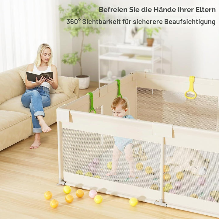 Laufstall Baby mit Matratze - 150×180cm Grosser Baby Laufstall mit Netzseiten, Laufstall XXL mit rut