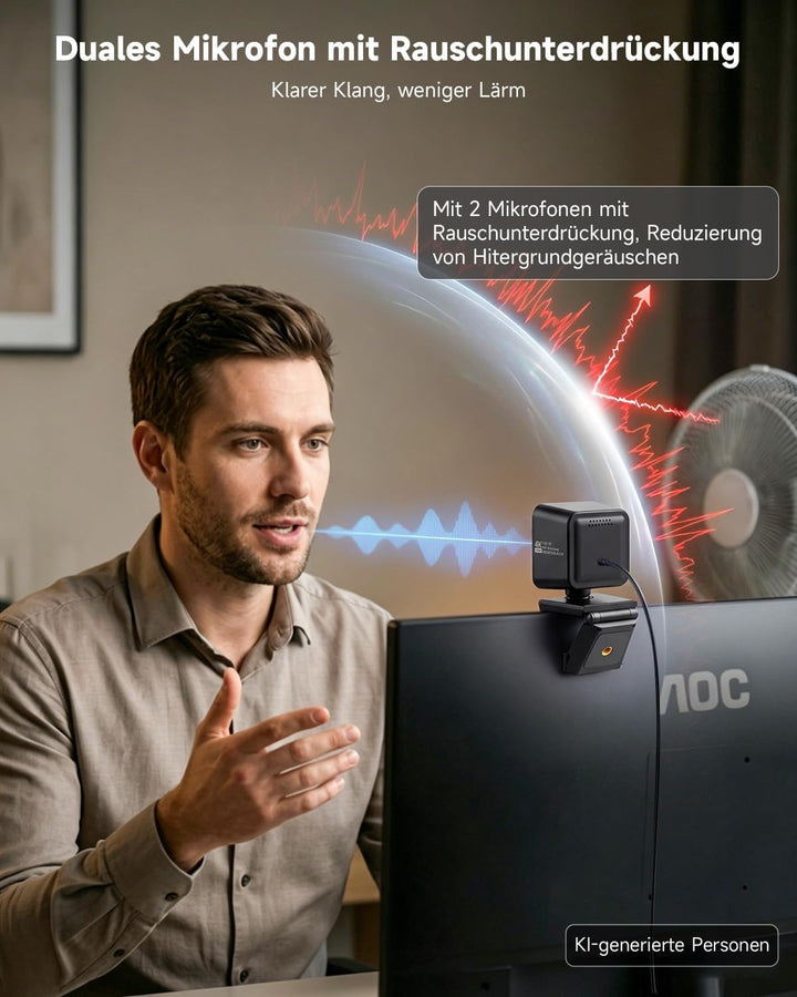 AOC UHD Webcam 4K, Webcam mit Objektivabdeckung &amp; Dual Mikrofon, 75° Streaming Kamera mit Autofokus,