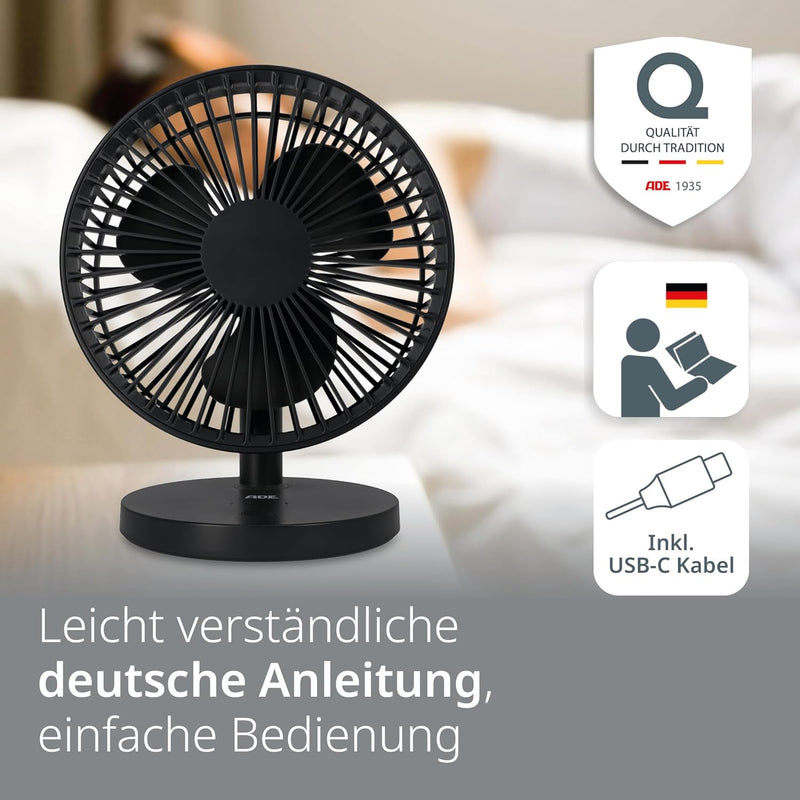 ADE Ventilator sehr leise | USB Tischventilator 3 Stufen | Akku bis 7,5 h Laufzeit | 2.000 mAh | 180