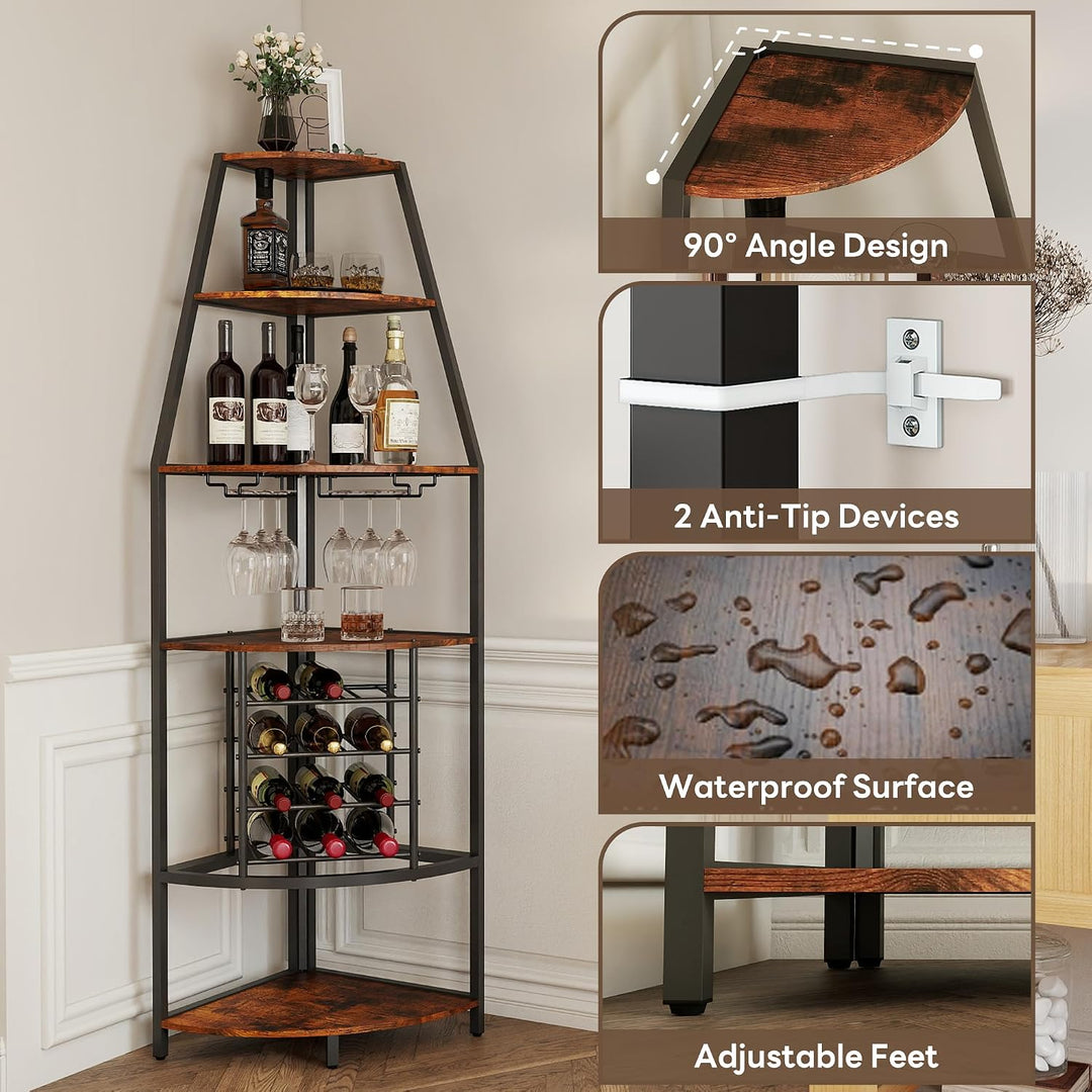 5-stöckiges Eck-Weinregal, stehend Barschrank mit Glashalter and Weinaufbewahrung, industrielles Win