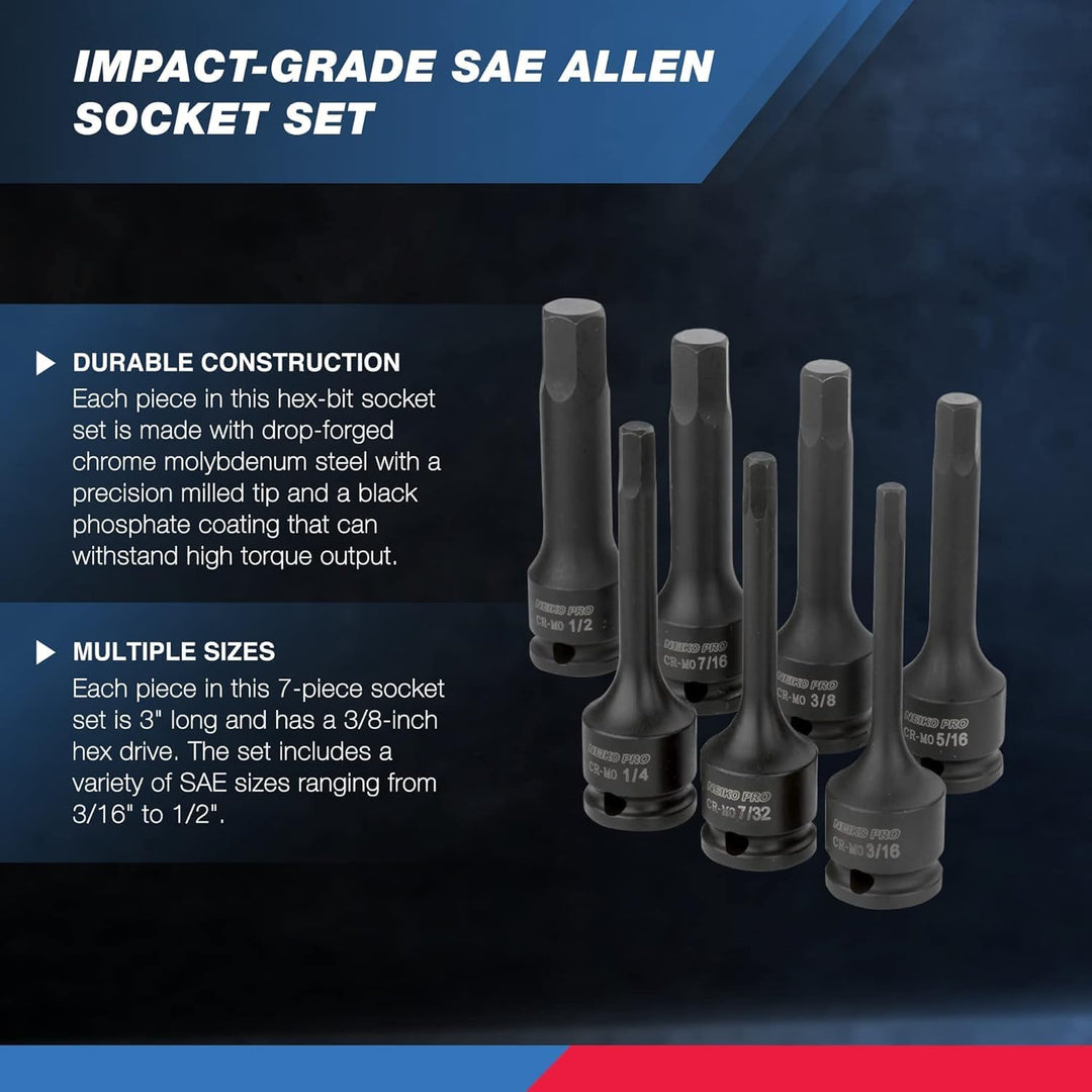 NEIKO 01131B 3/8 Zoll Innensechskant-Set, 3 Zoll Länge, 3/8 Zoll Schlag Sechskant-Bit Steckschlüssel