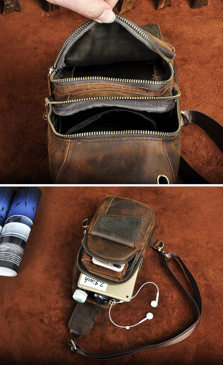 Le’aokuu Herren Echtes Leder Hüfttasche Bauchtsche Brusttasche Crossbody Bag Sling Bag Schultertsche