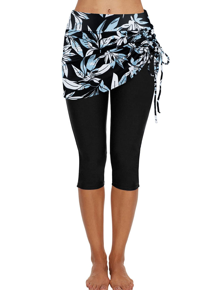Ecupper Badehose Damen Lang Schwimmhose Capri Badeleggings Mit Rock Schwimm L Blaue Blume, L Blaue B