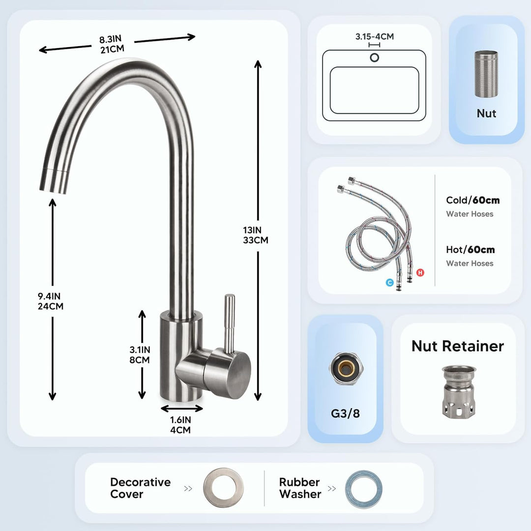 Wasserhahn Spültischarmatur Wasserhahn Küche 360° Drehbar Küchenarmatur aus Edelstah, Einstellbares
