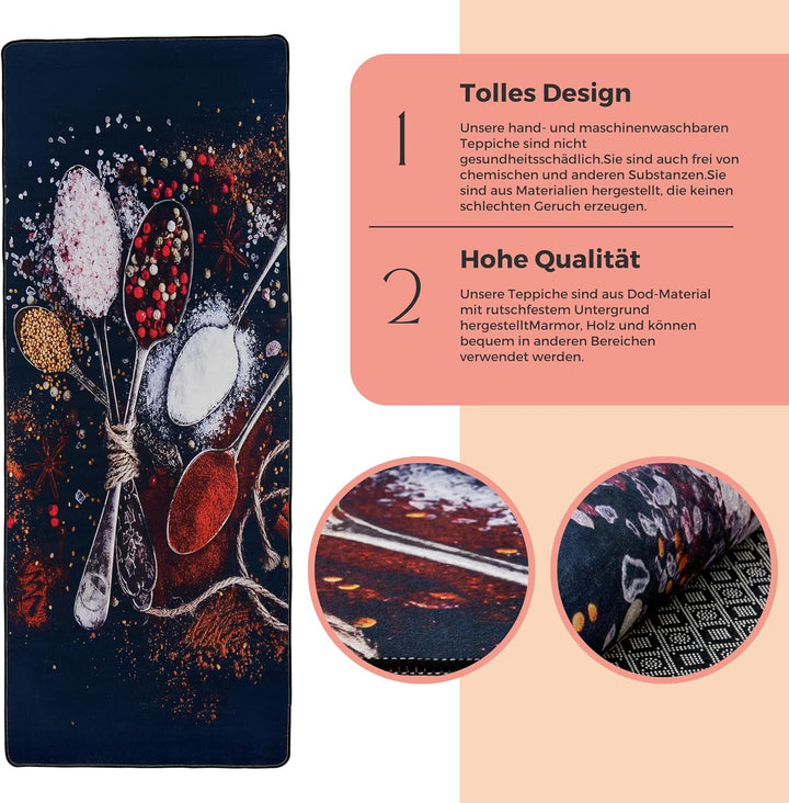 miqna Küchenteppich, rutschfeste Küchenläufer, Waschbarer Küchen Teppich, Schwarz Küchenmatte, Wasch