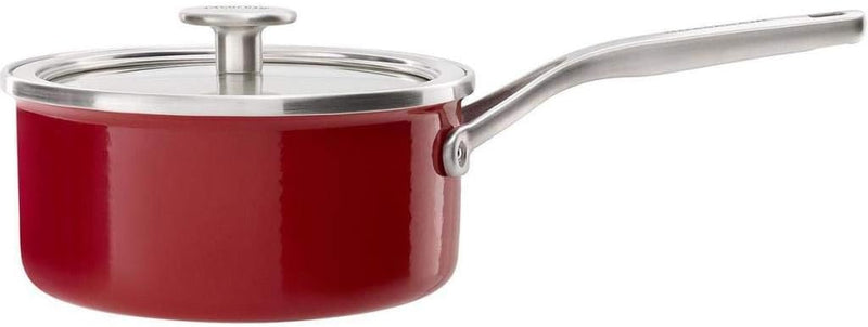 KitchenAid Steel Core Enamel Stielkasserolle mit Deckel (16cm/1,3l), deutsche Emaille, Induktionsgee