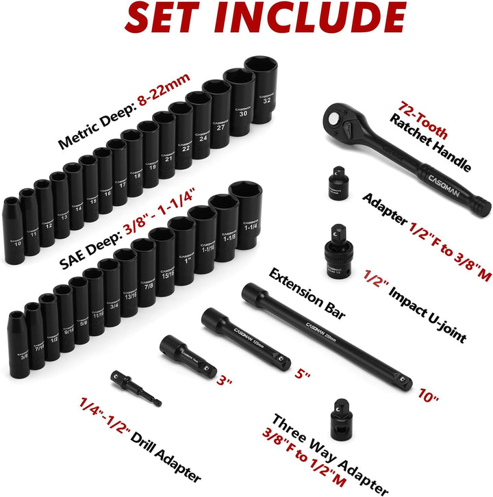 CASOMAN 1/2 Zoll Drive Master Impact Steckschlüssel-Set, 36-teilig tief, Standard SAE (3/8 Zoll bis