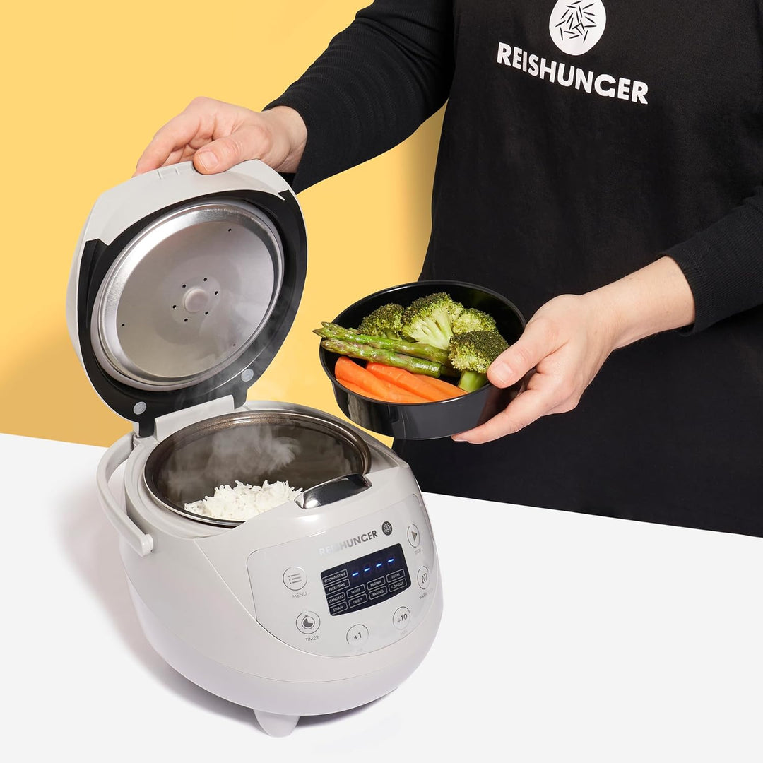 Digitaler Reishunger Mini Reiskocher und Dampfgarer in Grau - Warmhaltefunktion, Timer & Premium Top