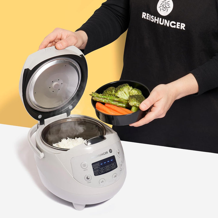 Digitaler Reishunger Mini Reiskocher und Dampfgarer in Grau - Warmhaltefunktion, Timer & Premium Top