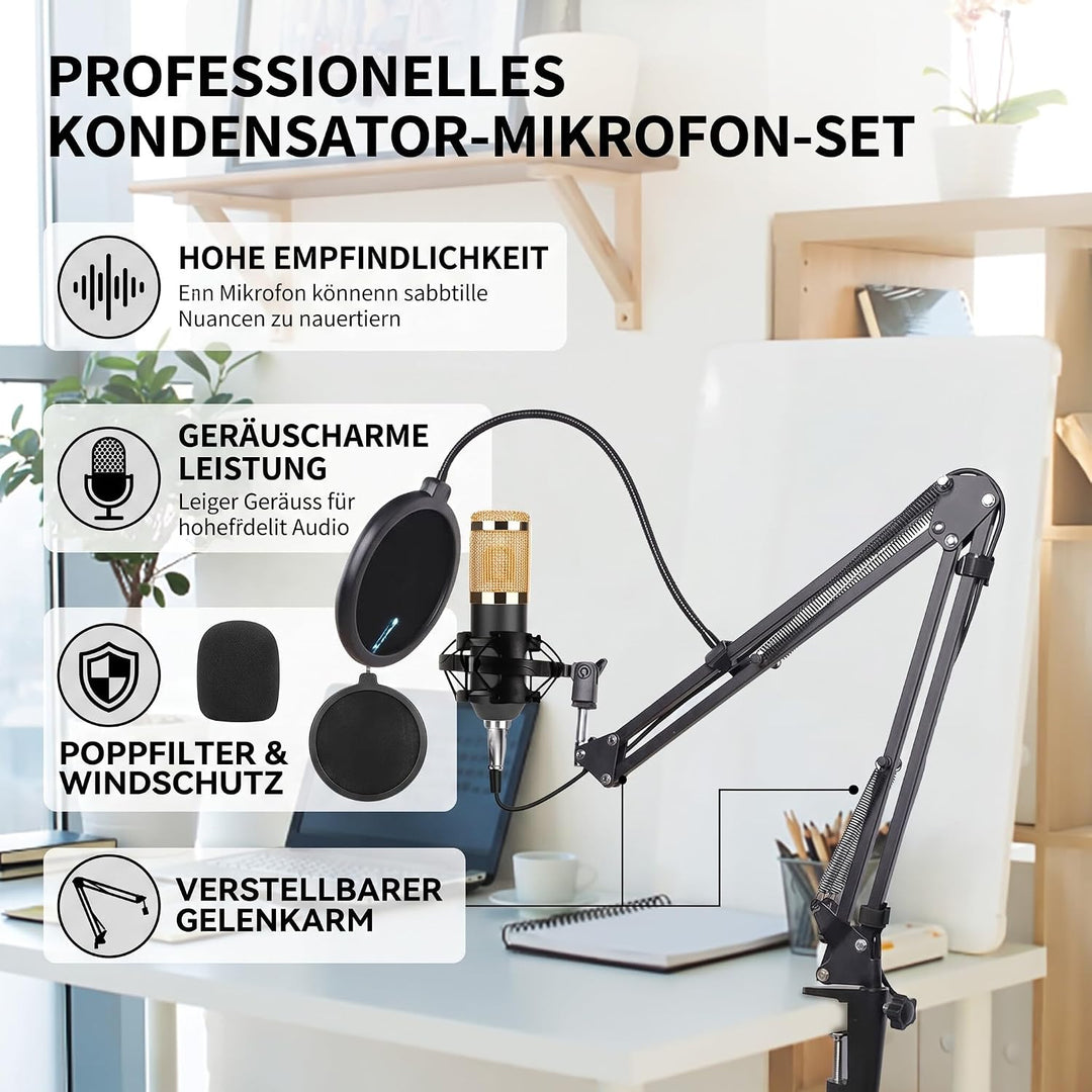 Profi Studio Kondensator Mikrofon Set, Micro mit Arm Ständer Filter Foam Kit USB Adapter Mikrofon Se