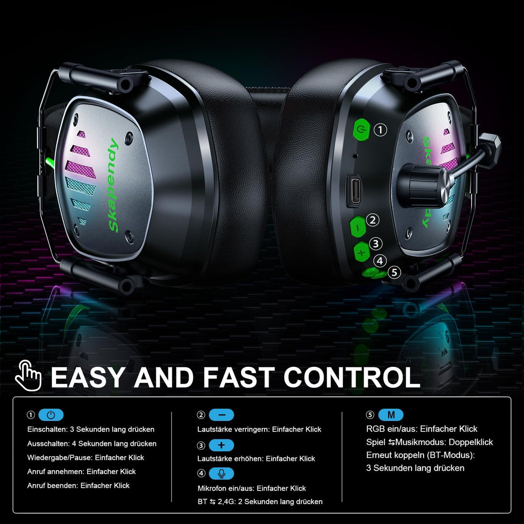 Skapendy VK81 Kabelloses Gaming Headset mit Bluetooth & LED-Licht – Für PS5, PC, Mac, Switch – Über