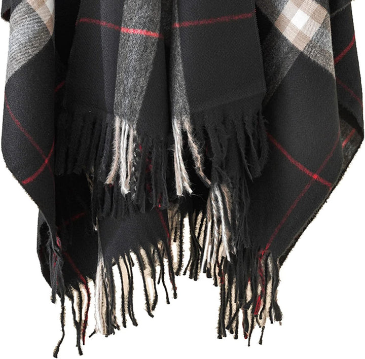 Danfiki Damen Poncho Schal Cashmere Feeling Strick Cape Cardigan Einheitsgrösse Doppelgitter Schwarz