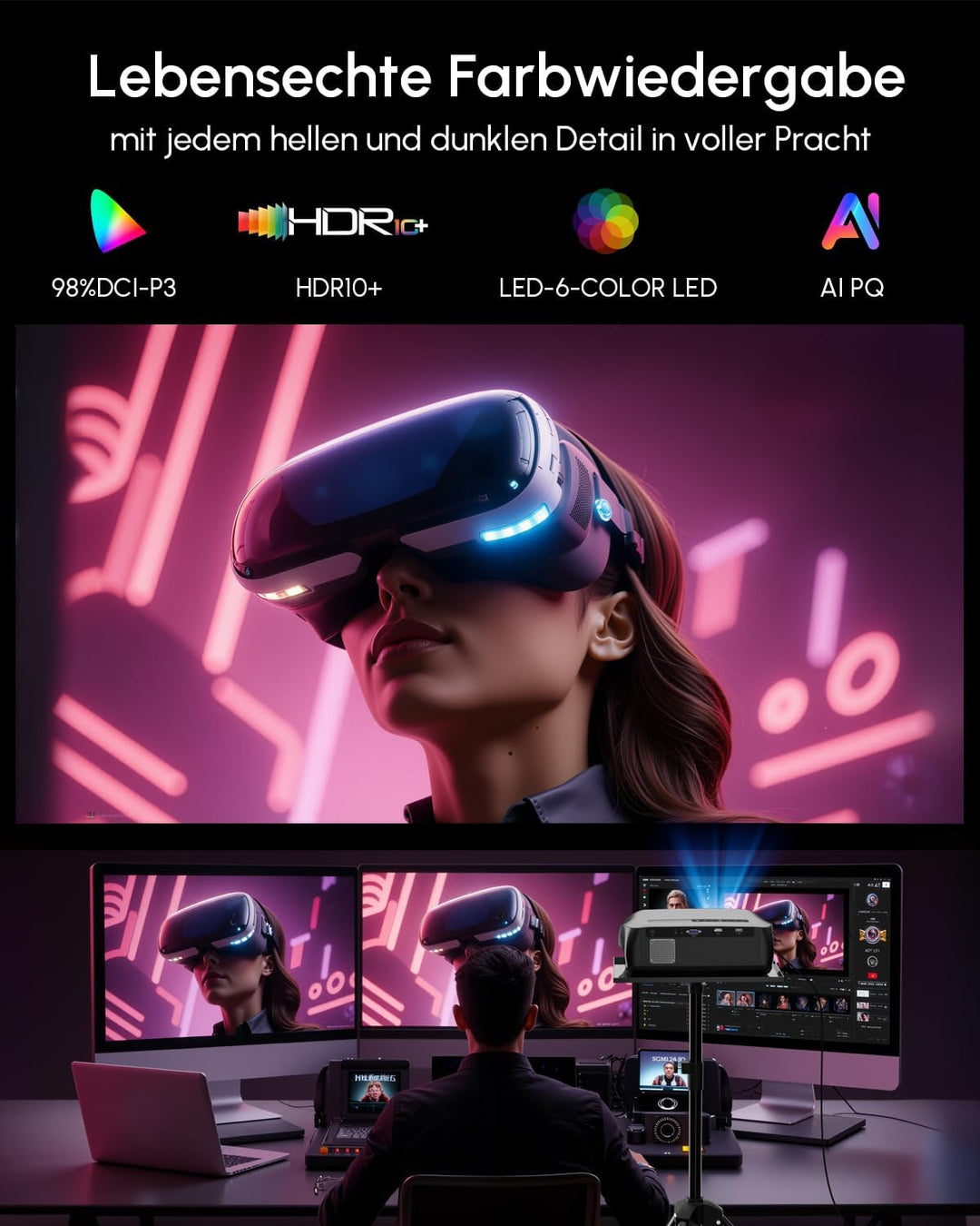 4K Heimkino Beamer mit HDMI ARC Smart OS, 2200ANSI Tageslich Ultra HD Smart Projektor für Schlafzimm