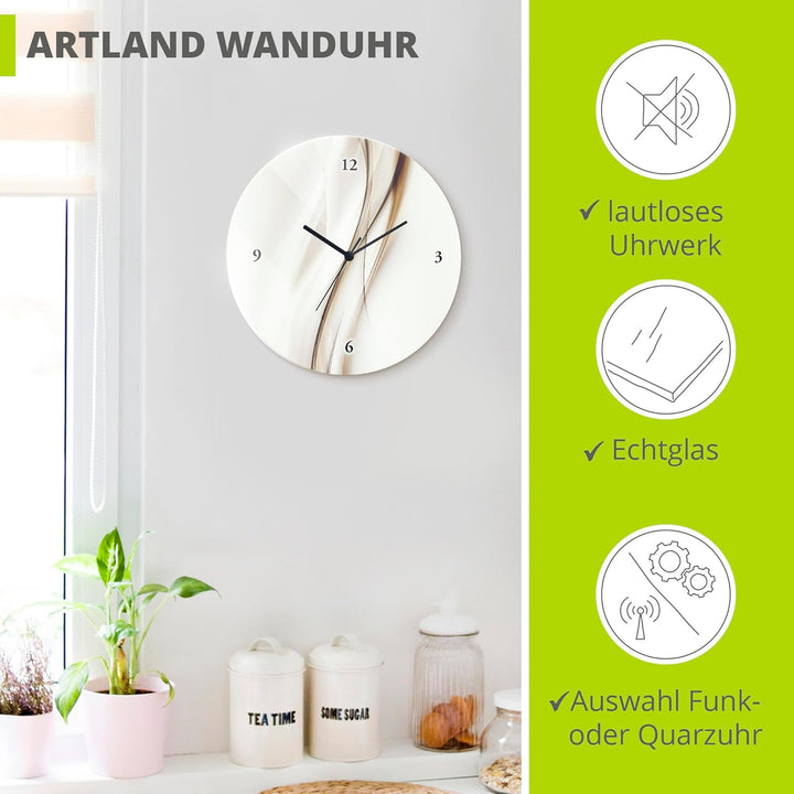 ARTLAND Wanduhr ohne Tickgeräusche Glas Funkuhr Ø 30 cm Rund Lautlos braune Welle abstrakt Braune We