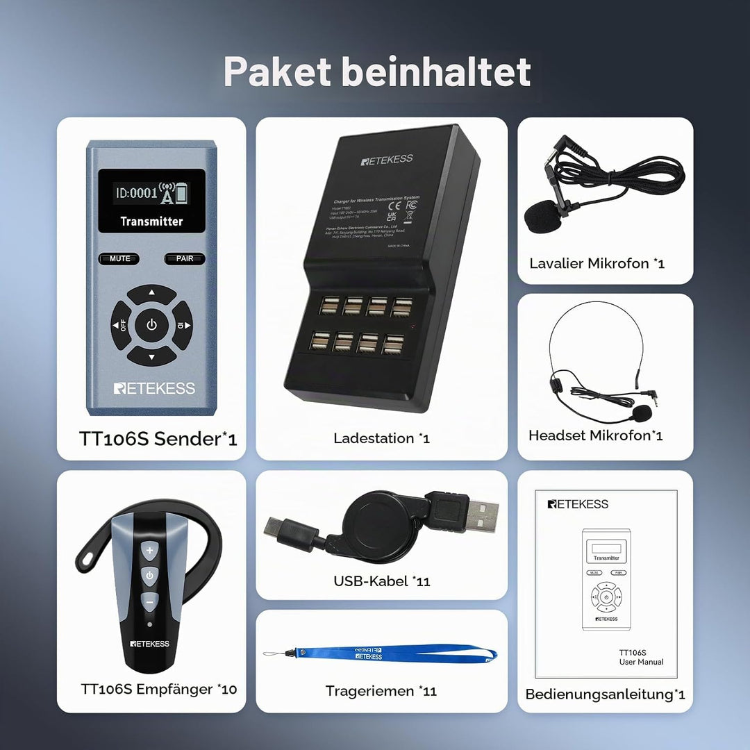 Retekess TT106S Drahtloses Tourguide-System, Tourguide-System mit Ear Hook, 2.4GHz, One-Touch-Bedien