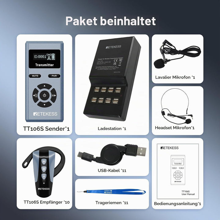 Retekess TT106S Drahtloses Tourguide-System, Tourguide-System mit Ear Hook, 2.4GHz, One-Touch-Bedien