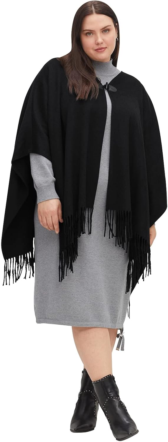 Sheego Damen Grosse Grössen Poncho im Cape-Stil, mit Fransen und Knebelverschluss Freizeitmode klass