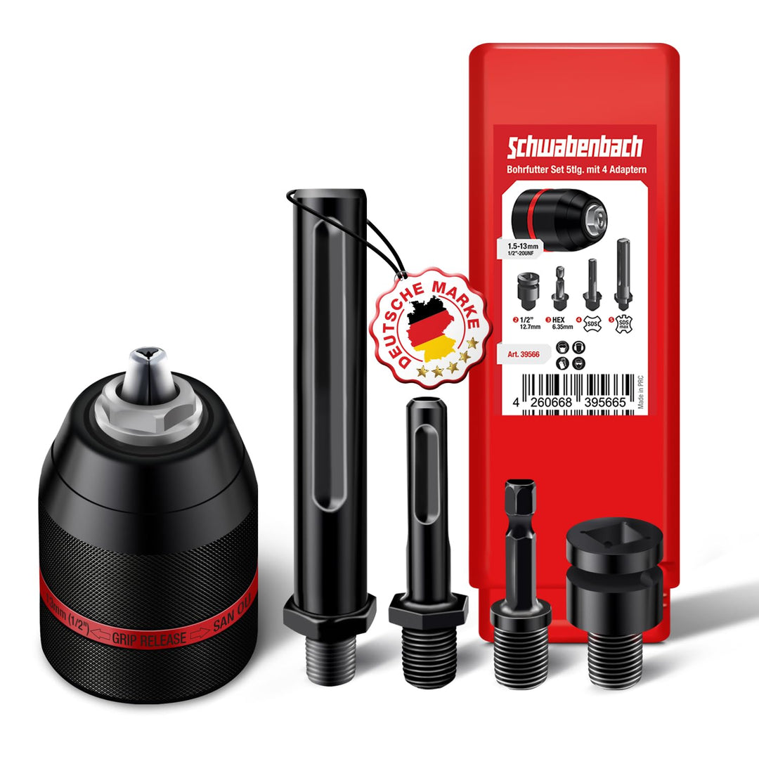 SCHWABENBACH ® Schnellspannbohrfutter Komplett Set 5tlg, 1,5-13mm 1/2-20UNF für Bohrmaschinen und Sc