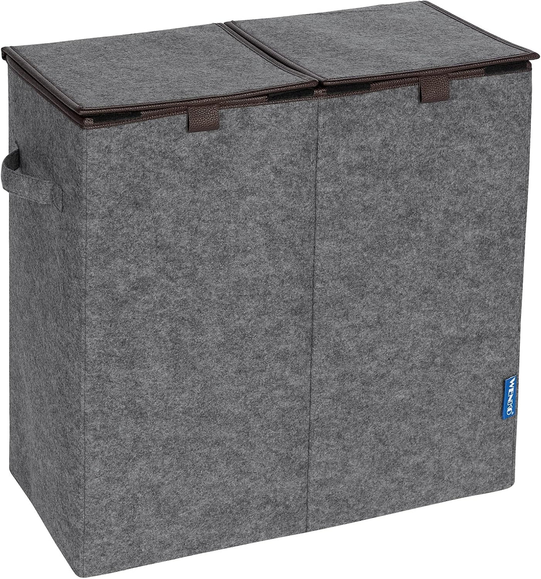 WENKO Wäschesammler Duo Grau/Braun, stabiler Wäschekorb aus recyceltem Filz mit 2 Fächern & separate