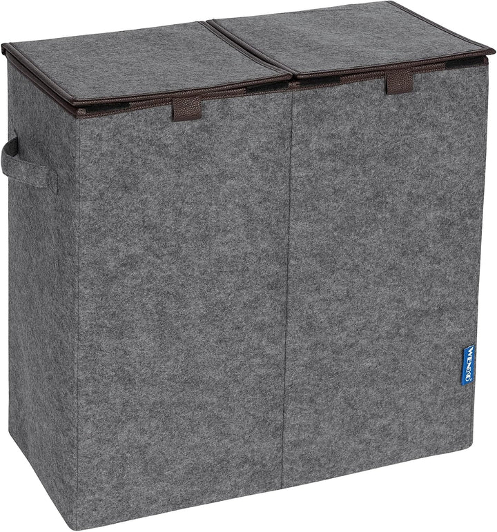 WENKO Wäschesammler Duo Grau/Braun, stabiler Wäschekorb aus recyceltem Filz mit 2 Fächern & separate
