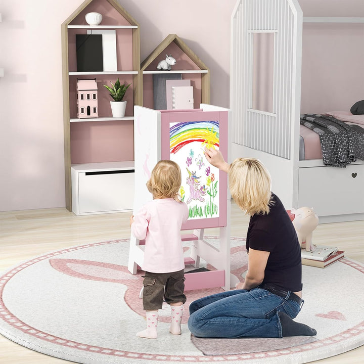 COSTWAY Lernturm kinder, 2 in 1 Tritthocker montessori mit 3 verstellbare Höhen & doppelseitiger Taf