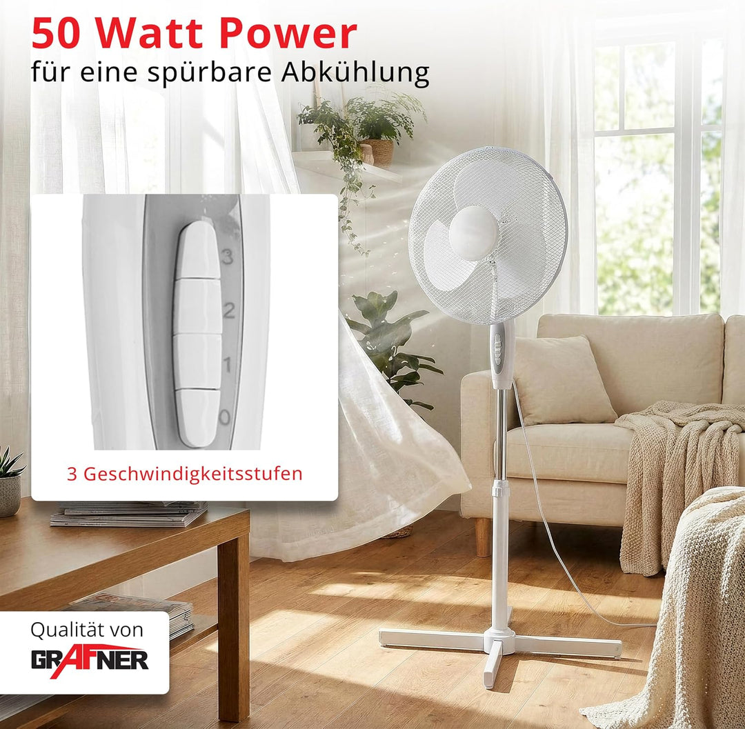Grafner Standventilator 40 cm, 3 Geschwindigkeitsstufen, höhenverstellbar 105–120 cm, 80° Schwenkfun