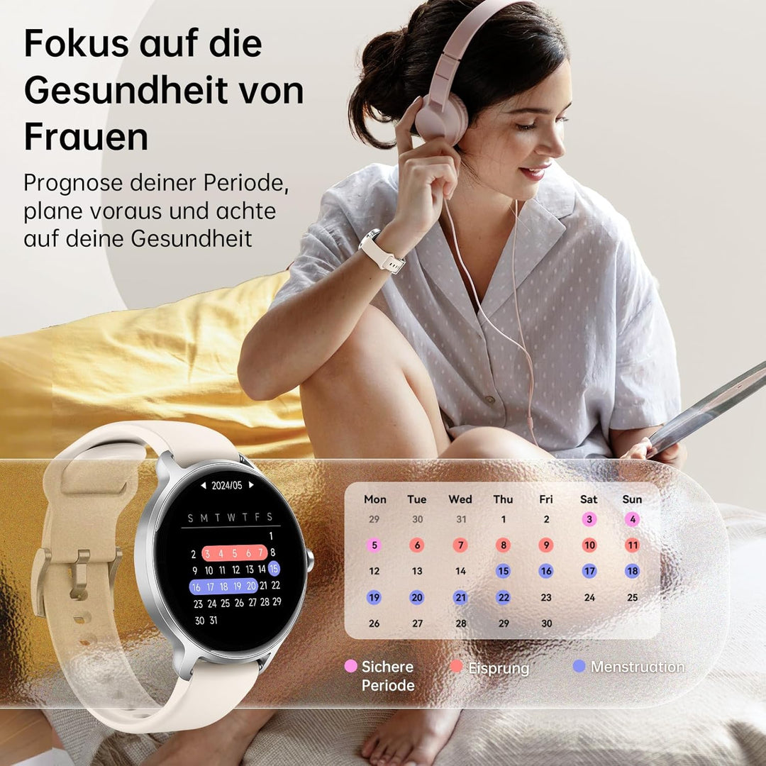 Smartwatch Damen Herren Rund, 1.27" AMOLED Smart Watch mit Telefonfunktion, Fitnessuhr mit Pulsuhr S