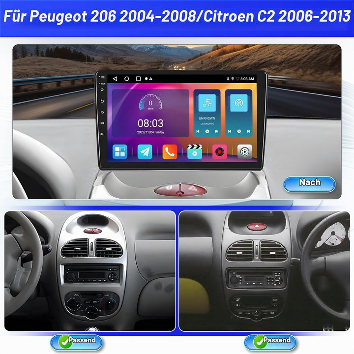 Radio für Peugeot 206 2004-2008/Citroen C2 2006-2013 Android 15 2+64G mit Wireless CarPlay Android A