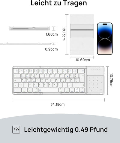 SODI Faltbare Tastatur,2-in-1-Zifferntastatur und Tastatur mit Touchpad, Multi-Device Tastatur Kabel