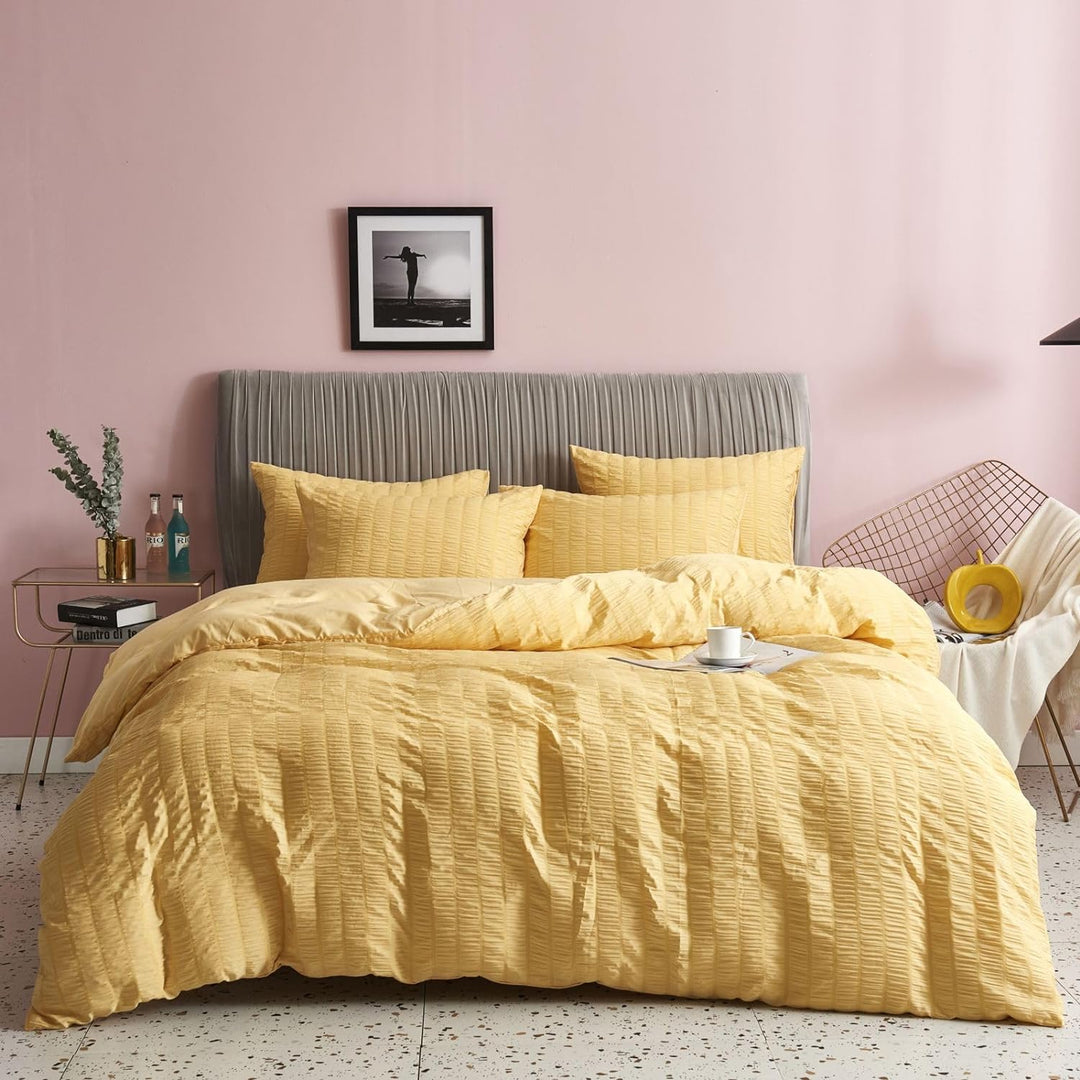 Freyamy Seersucker Bettwäsche 200x220cm 3teilig Gelb Geprägt Streifen Strukturiert Bettwaren-Sets Un