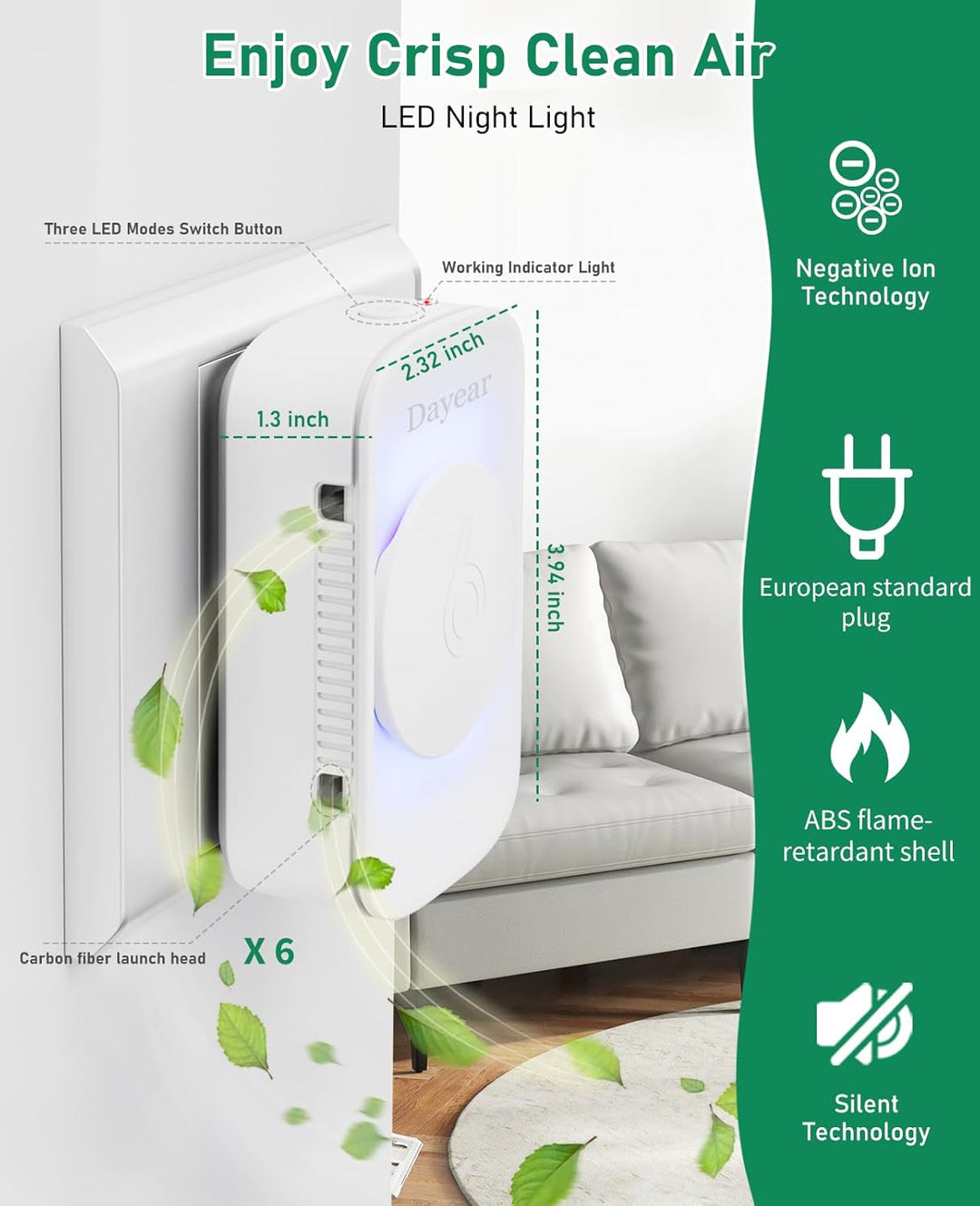 Luftreiniger, Air Purifier IonizerGenerator, Dayear Plug in Negativ Ionen Luftreiniger für Büro, Zim