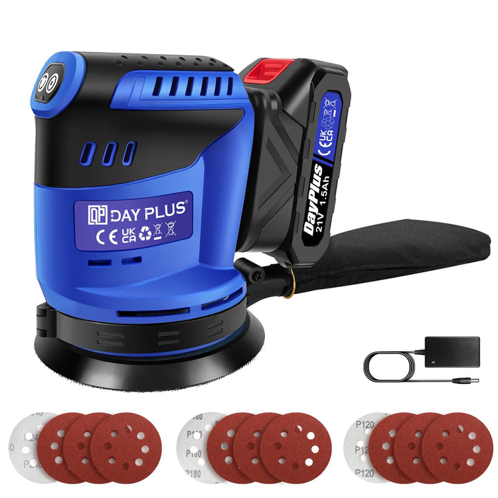 Exzenterschleifer, 280W 11000 U/min mit variabler Drehzahl, 12 Stück Schleifpapier, 125mm Schleifpad