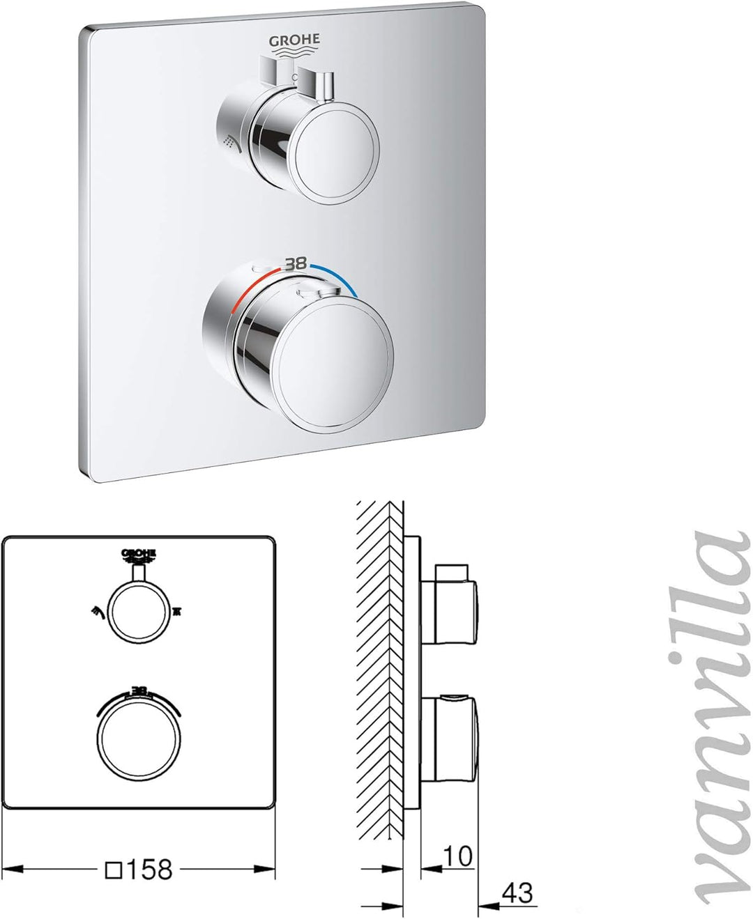 vanvilla Duschsystem mit Unterputz Duscharmatur von Grohe 2-Wege Thermostat Grohtherm und vanvilla R