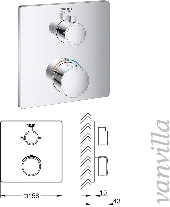 vanvilla Duschsystem mit Unterputz Duscharmatur von Grohe 2-Wege Thermostat Grohtherm und vanvilla R