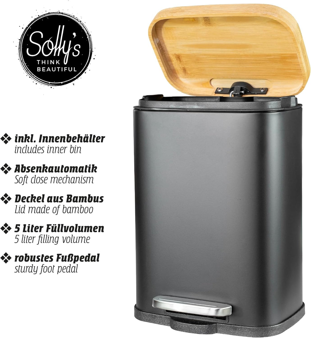 Solly´s 5L Kosmetikeimer mit Bambus Deckel, Bad Treteimer mit Absenkautomatik, pulverbeschichtet, ru