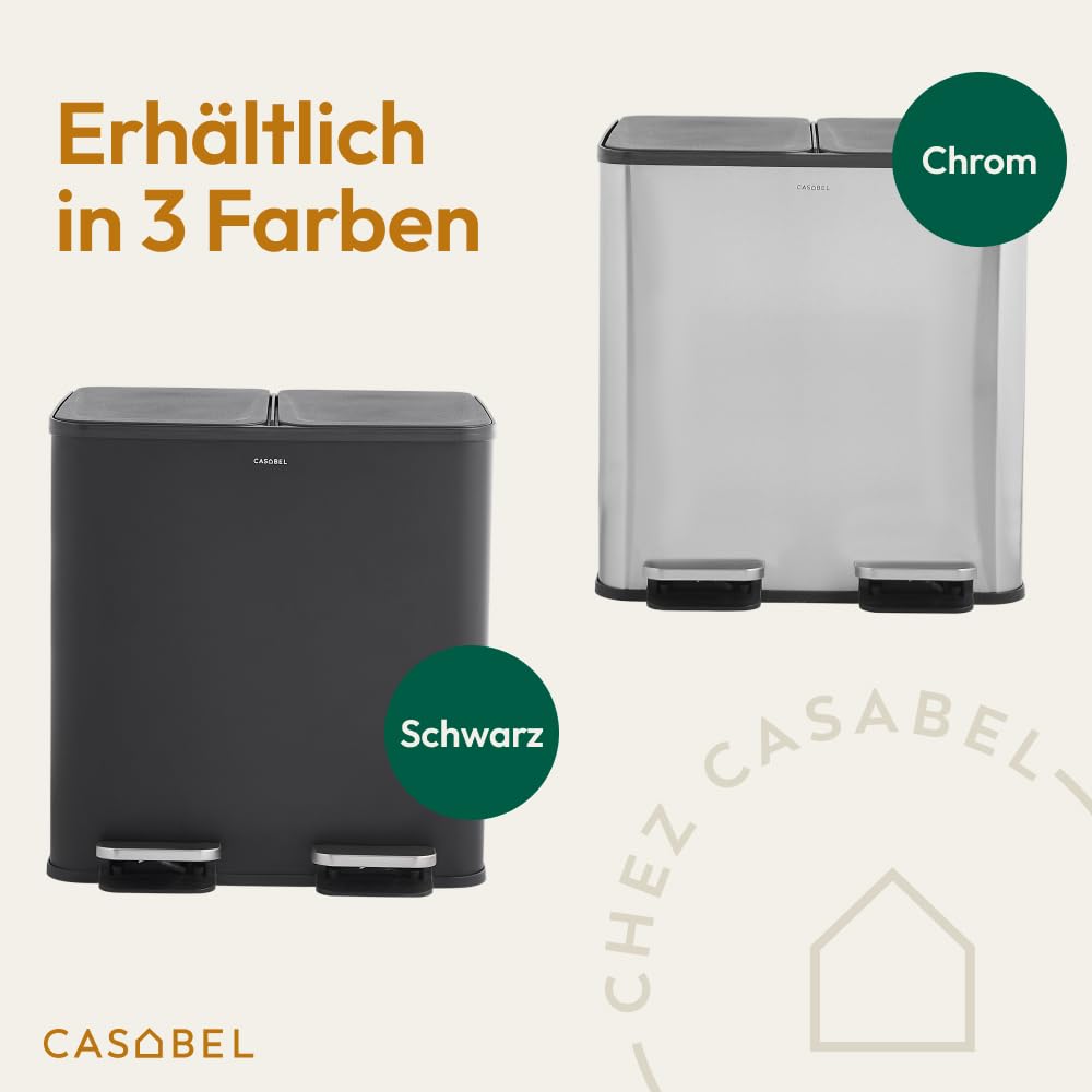 CASABEL Mülleimer Küche mit 2 Fächern, 2x15L, Tretmülleimer aus 100% Edelstahl, fingerabdruckresiste