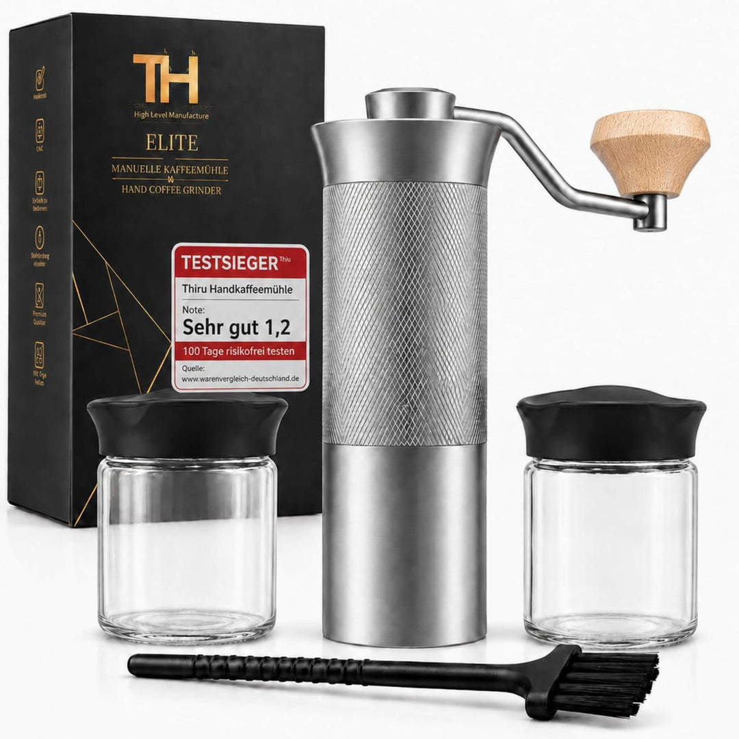 Thiru Handkaffeemühle manuell, Testsieger 2026, Edelstahl-Kegelmahlwerk mit 60 Mahlgraden & Doppella