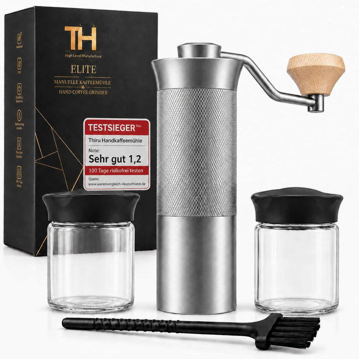 Thiru Handkaffeemühle manuell, Testsieger 2026, Edelstahl-Kegelmahlwerk mit 60 Mahlgraden & Doppella